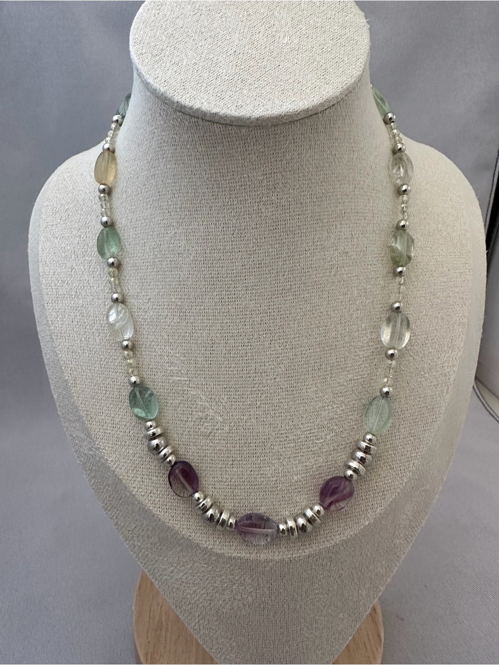 Multi-Tone Fluorite Bead Necklace with Silver Spacer Tone Accents